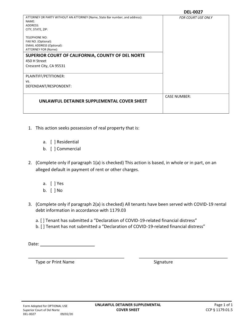 Supplemental Cover Sheet-Unlawful Detainers {DEL-0027} | Pdf Fpdf Docx | California