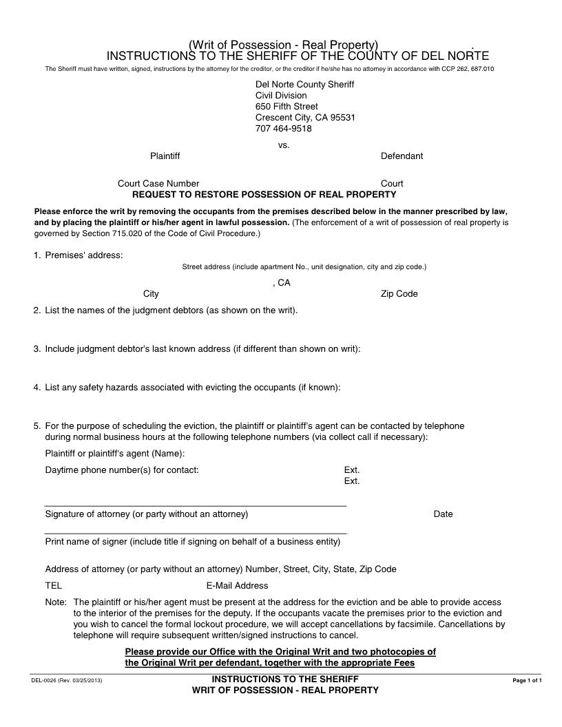 Writ Of Possession-Real Property-Instructions to Sheriff {DEL-0026} | Pdf Fpdf Docx | California