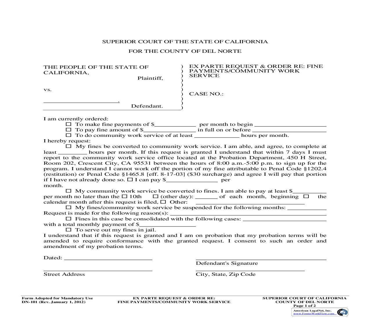 Ex Parte Request And Order Re Fine Payments-Community Work Service {DN-101} | Pdf Fpdf Doc Docx | California