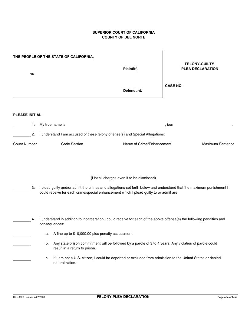 Felony-Guilty Plea Declaration {DEL-0003} | Pdf Fpdf Docx | California