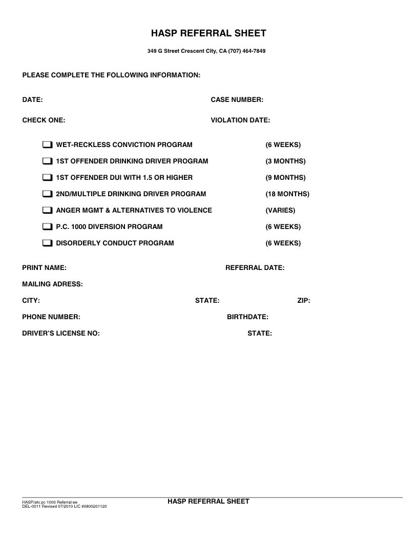 HASP Referral Sheet {DEL-0011} | Pdf Fpdf Docx | California