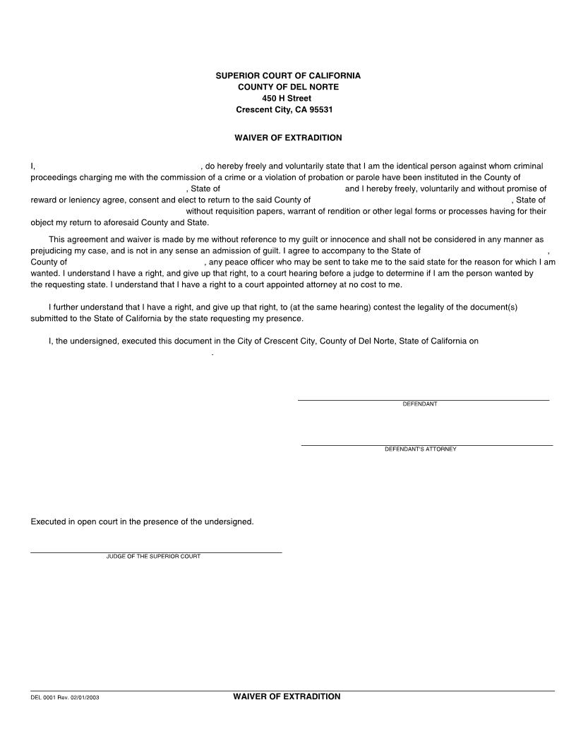Waiver Of Extradition {DEL-0001} | Pdf Fpdf Docx | California