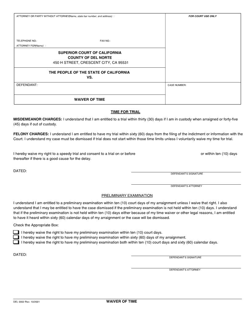 Waiver Of Time {DEL-0002} | Pdf Fpdf Docx | California