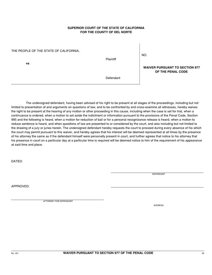 Waiver Pursuant To Section 977 Of The Penal Code {96} | Pdf Fpdf Docx | California