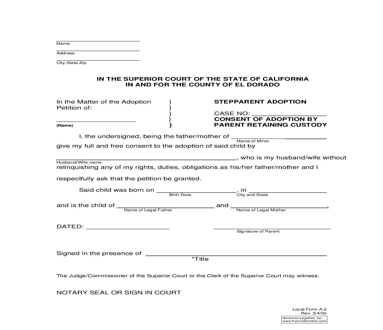 Consent Of Natural Parent To Adopt {A-2} | Pdf Fpdf Doc Docx | California