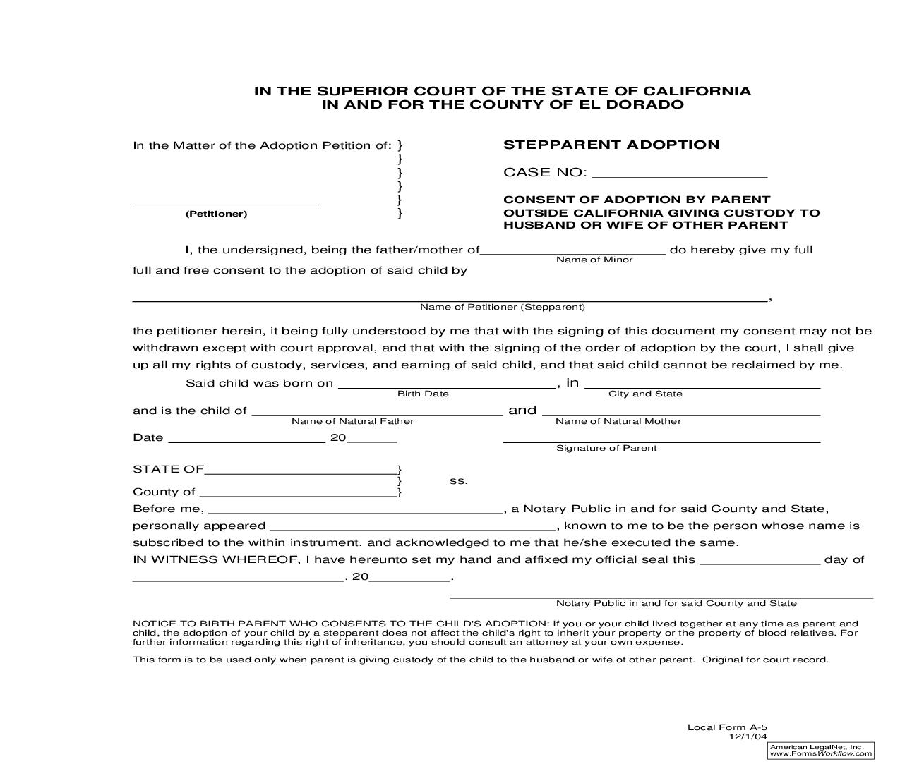 Consent Of Spouse Of Person Being Adopted {A-5} | Pdf Fpdf Doc Docx | California