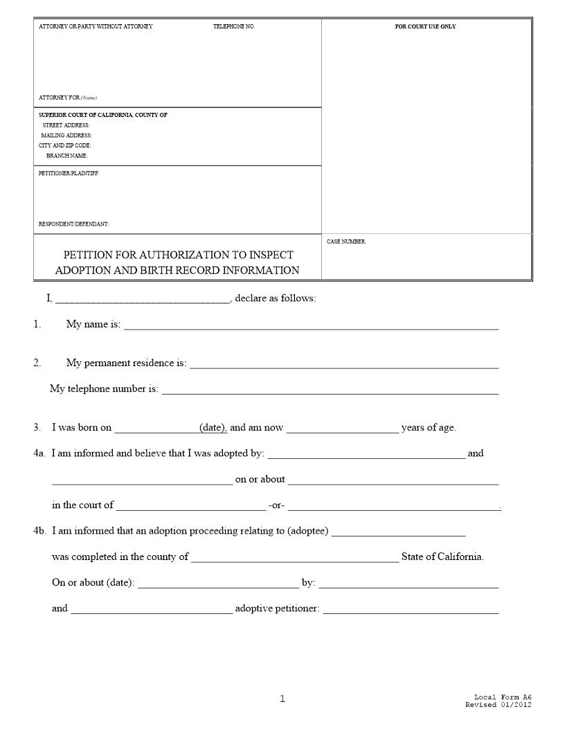 Petition For Authorization To Inspect (Records) {A-6} | Pdf Fpdf Docx | California