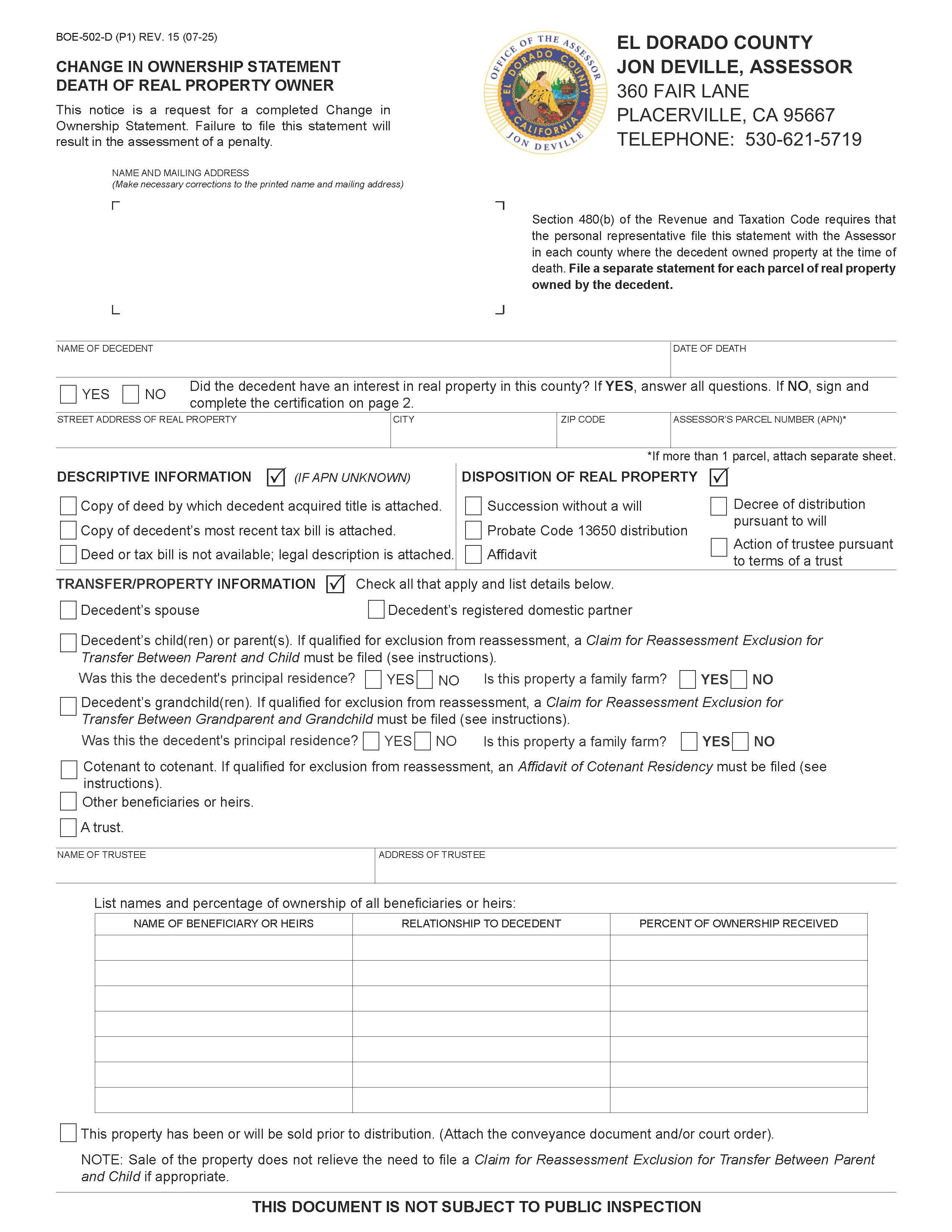 Change In Ownership Statement Death Of Real Property Owner (El Dorado) {BOE-502-D} | Pdf Fpdf Docx | California