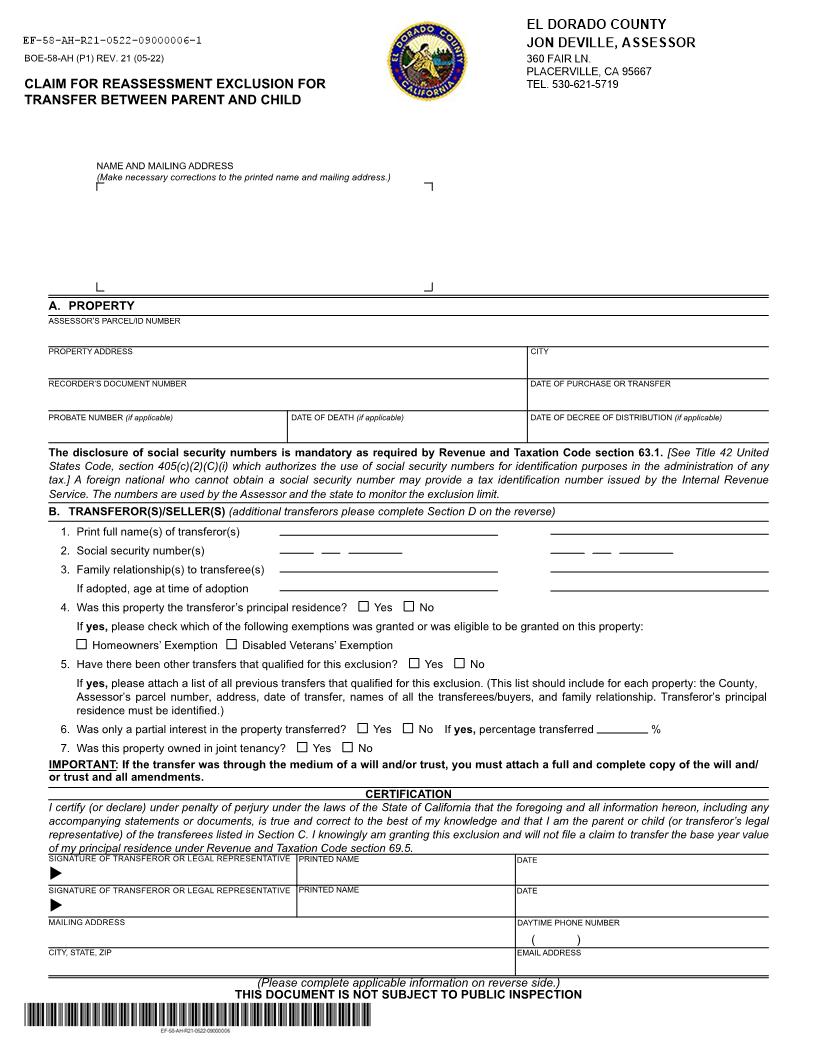 Claim For Reassessment Exclusion For Transfer Between Parent And Child (Before 02-16-21) (El Dorado) {BOE-58-AH} | Pdf Fpdf Docx | California