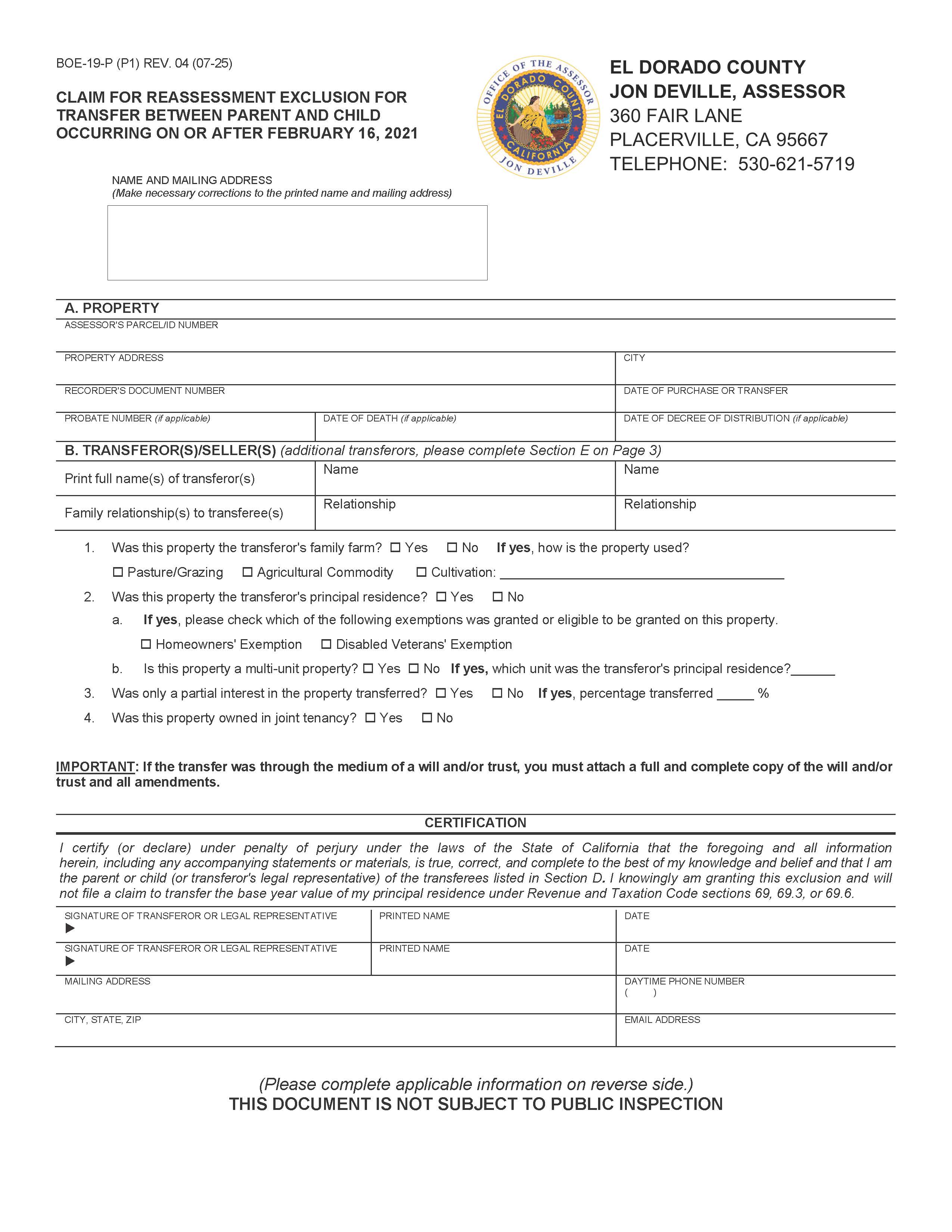 Claim For Reassessment Exclusion For Transfer Between Parent And Child (El Dorado) {BOE-19-P} | Pdf Fpdf Docx | California