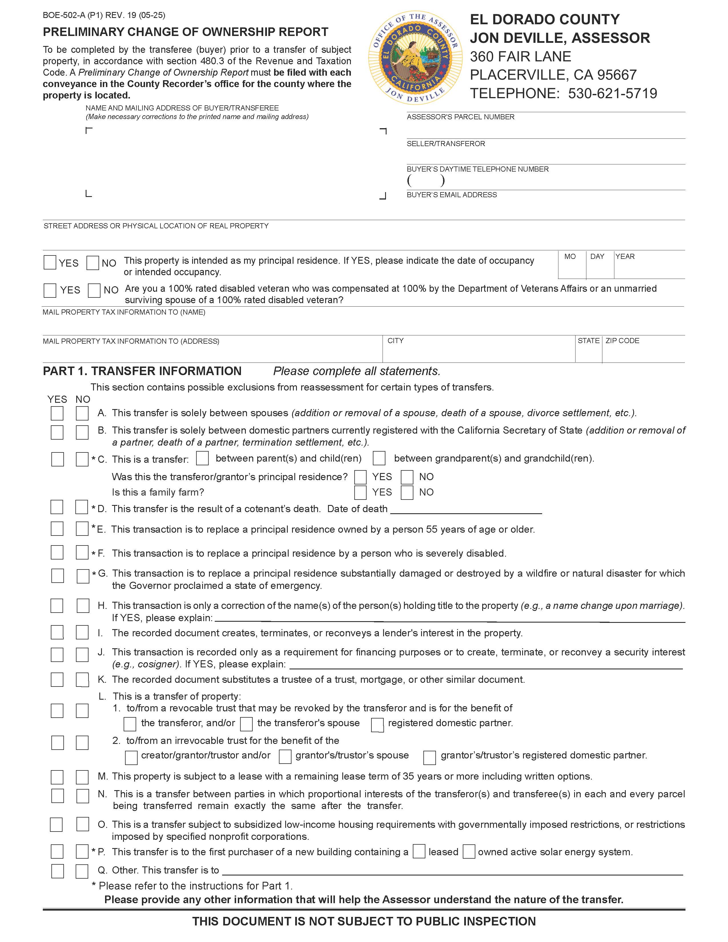 Preliminary Change Of Ownership Report (EL Dorado) {BOE-502A} | Pdf Fpdf Docx | California