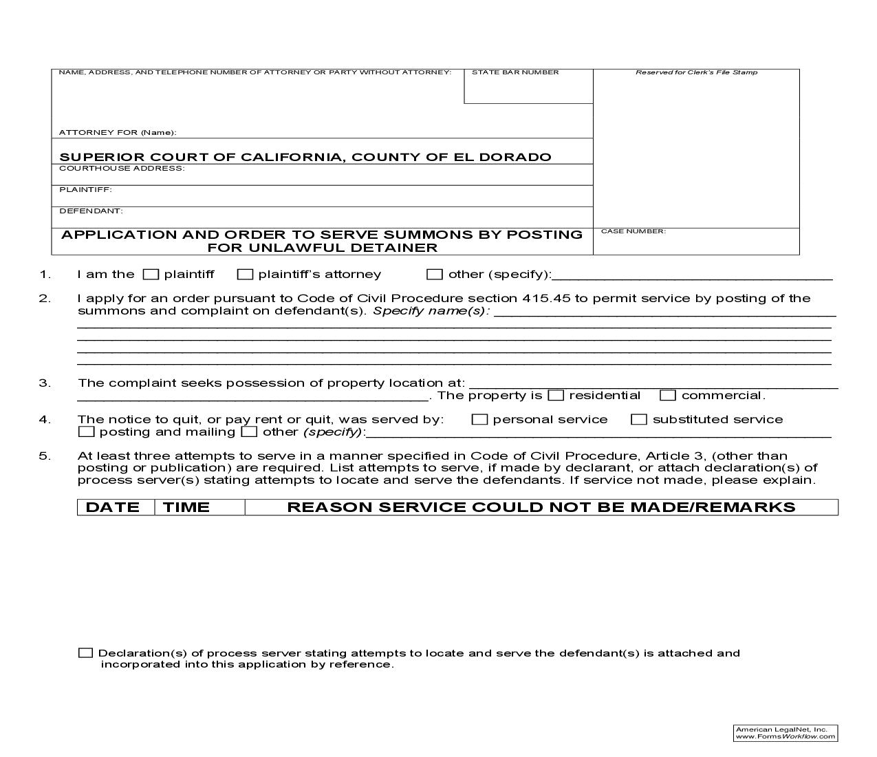 Application And Order To Serve Summons By Posting For Unlawful Detainer {C-29} | Pdf Fpdf Doc Docx | California