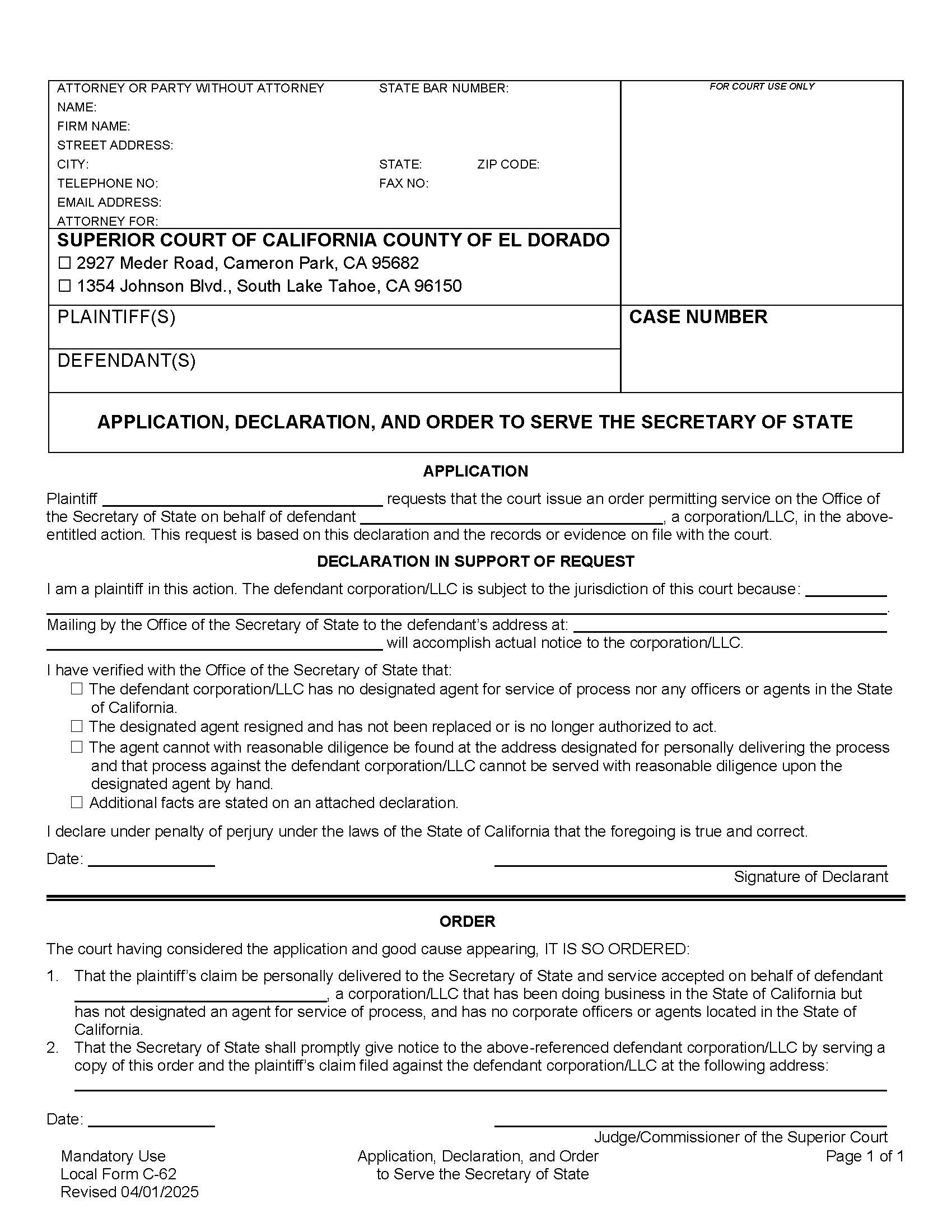 Application Declaration And Order To Serve The Secretary Of State {C-62} | Pdf Fpdf Docx | California