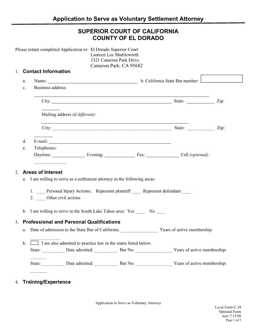Application To Serve As Voluntary Settlement Attorney {C-38} | Pdf Fpdf Docx | California