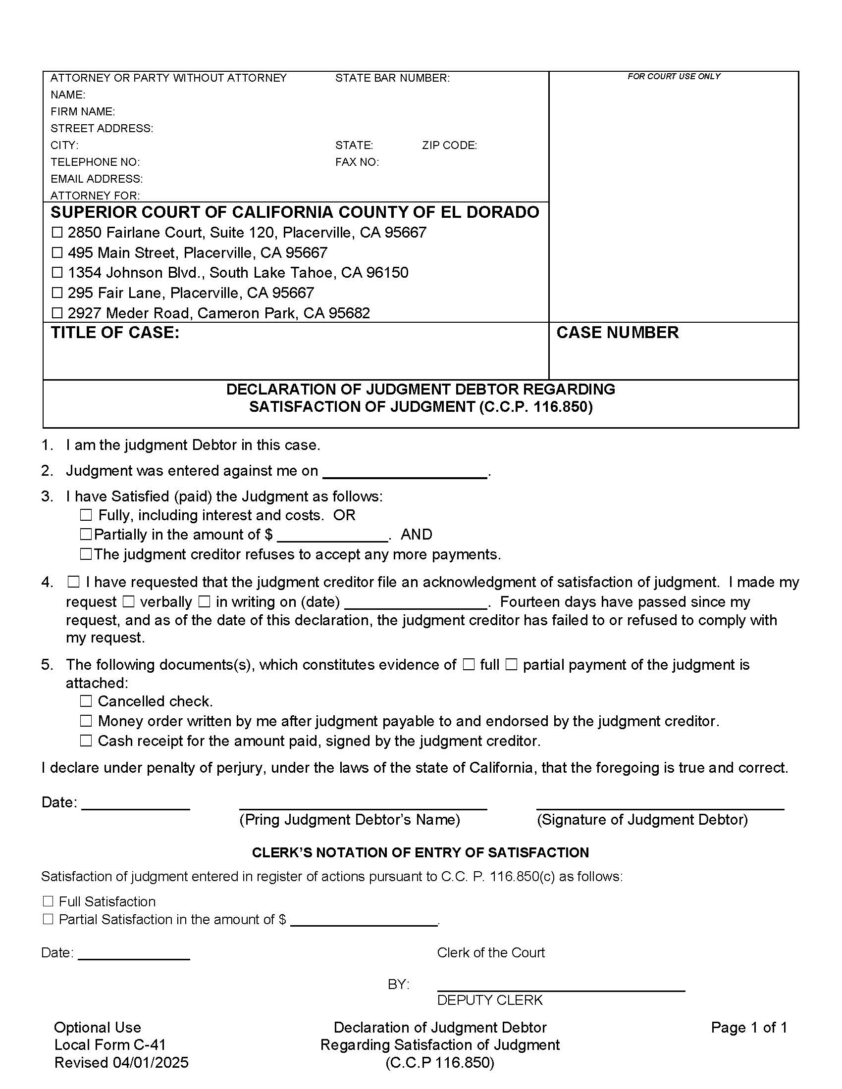 Declaration Of Judgment Debtor Regarding Satisfaction Of Judgment {C-41} | Pdf Fpdf Doc Docx | California