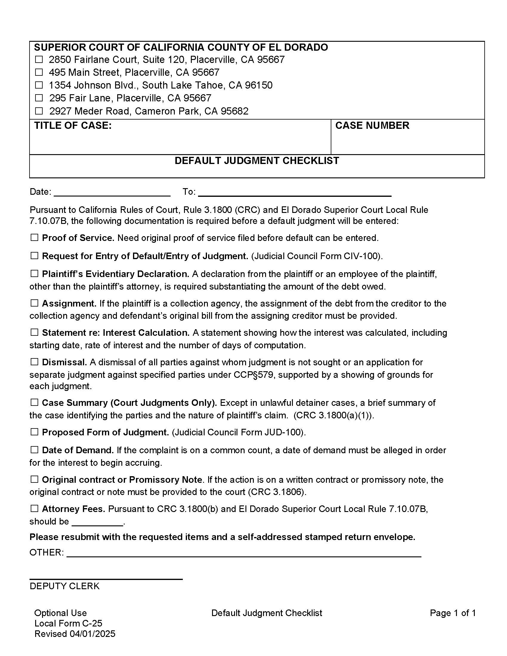 Default Judgment Checklist {C-25} | Pdf Fpdf Doc Docx | California