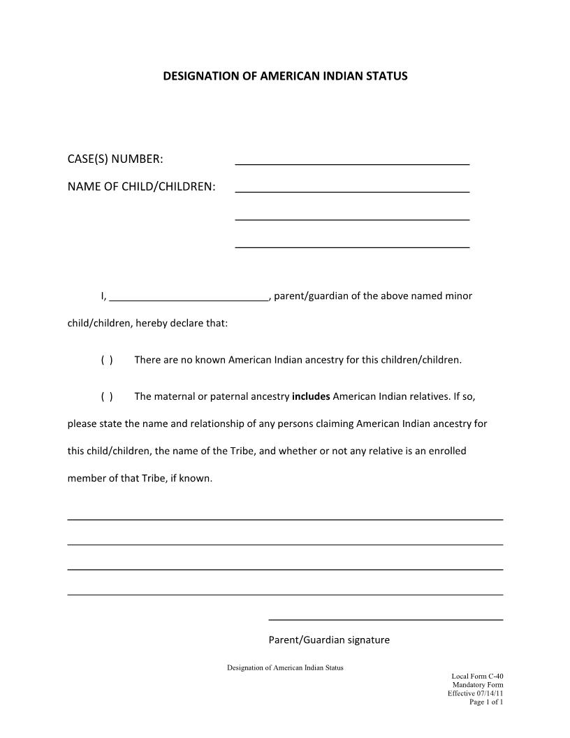 Designation Of American Indian Status {C-40} | Pdf Fpdf Docx | California