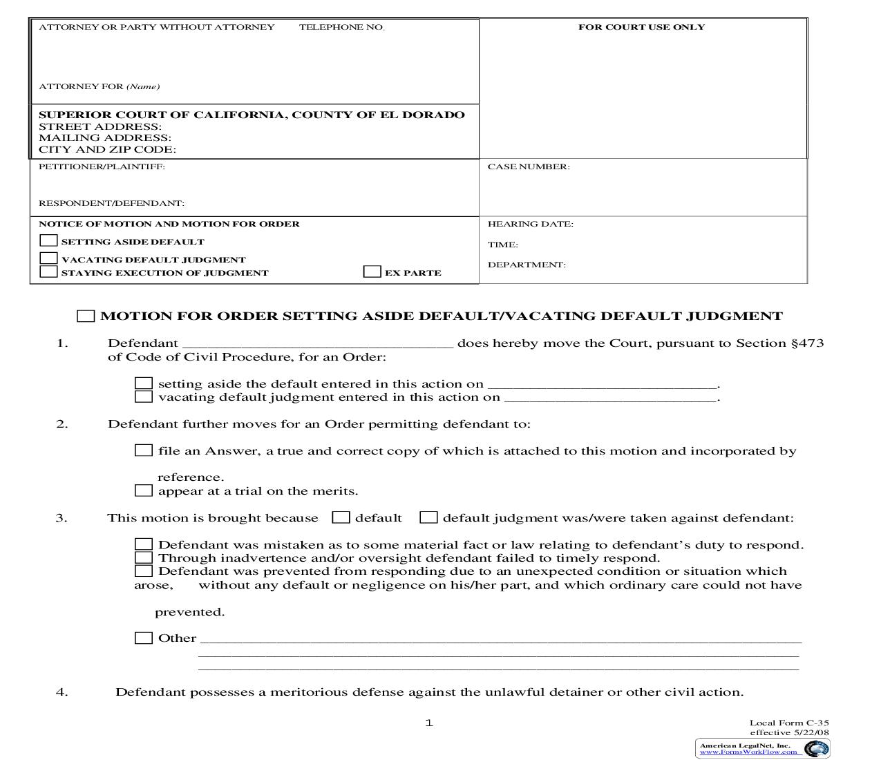 Motion For Order Setting Aside Default-Vacating Default Judgment {C-35} | Pdf Fpdf Doc Docx | California