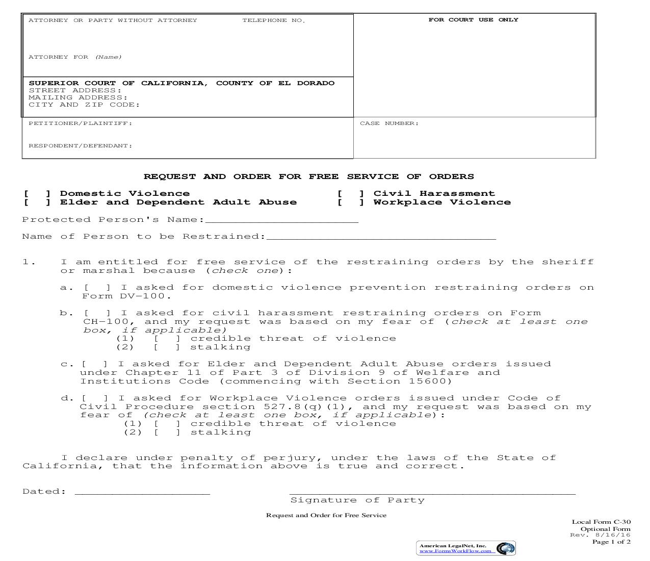 Request And Order For Free Service Of Orders {C-30} | Pdf Fpdf Doc Docx | California