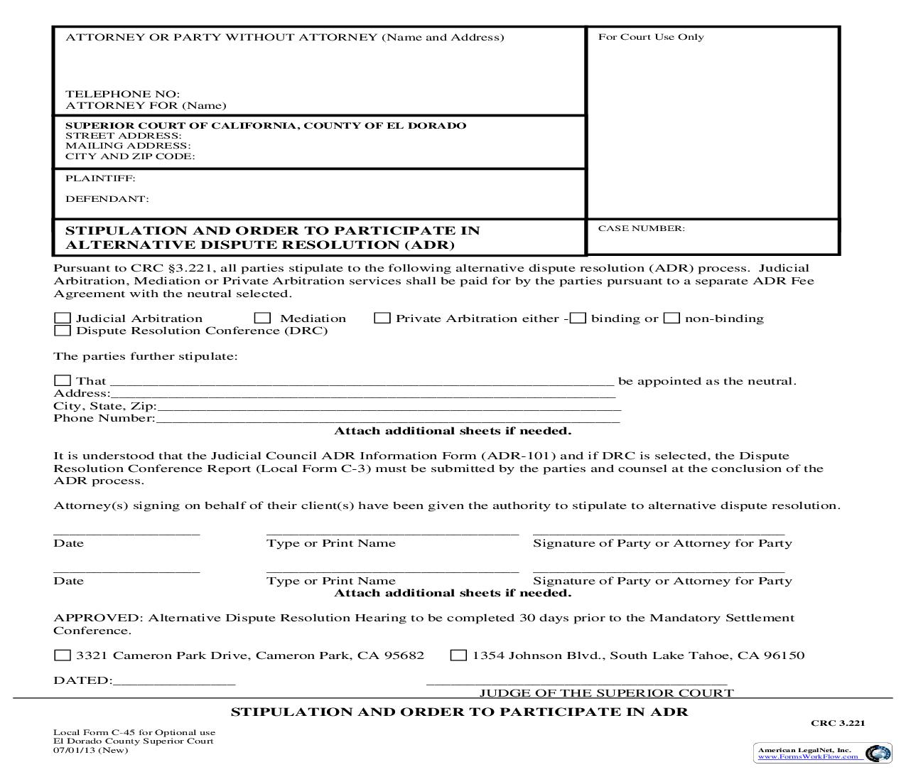 Stipulation And Order To Participate In ADR {C-45} | Pdf Fpdf Doc Docx | California