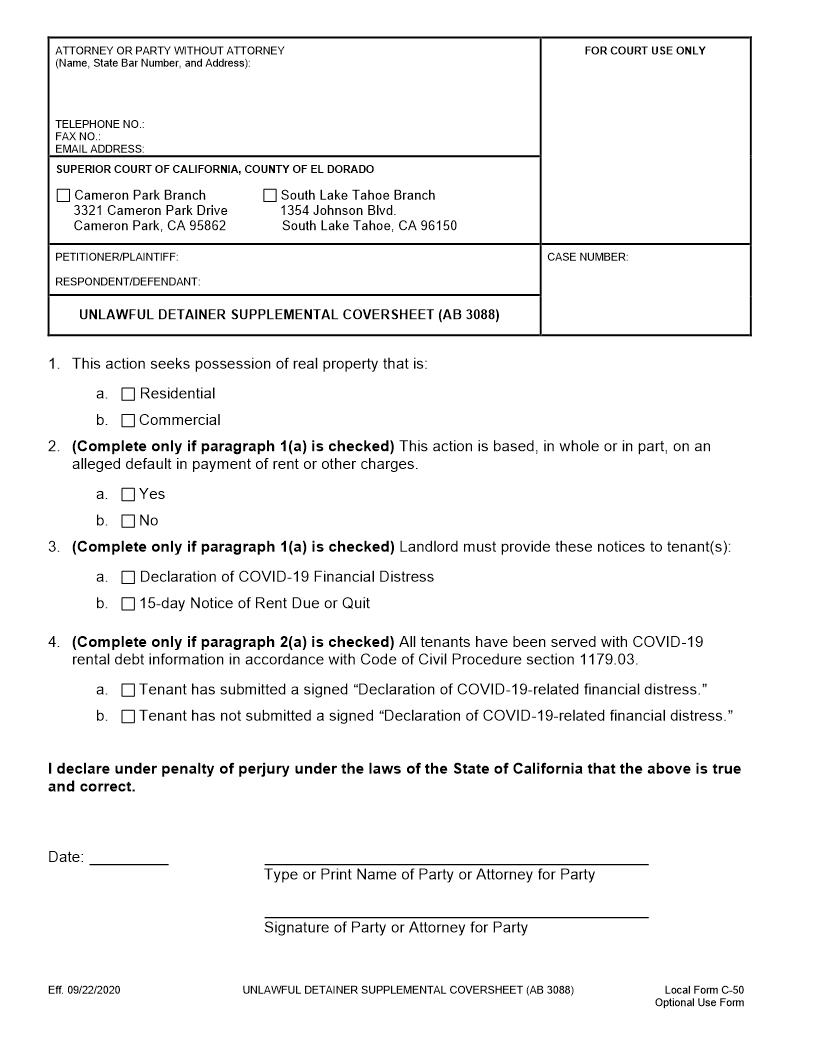 Unlawful Detainer Supplemental Coversheet (AB 3088) {C-50} | Pdf Fpdf Docx | California