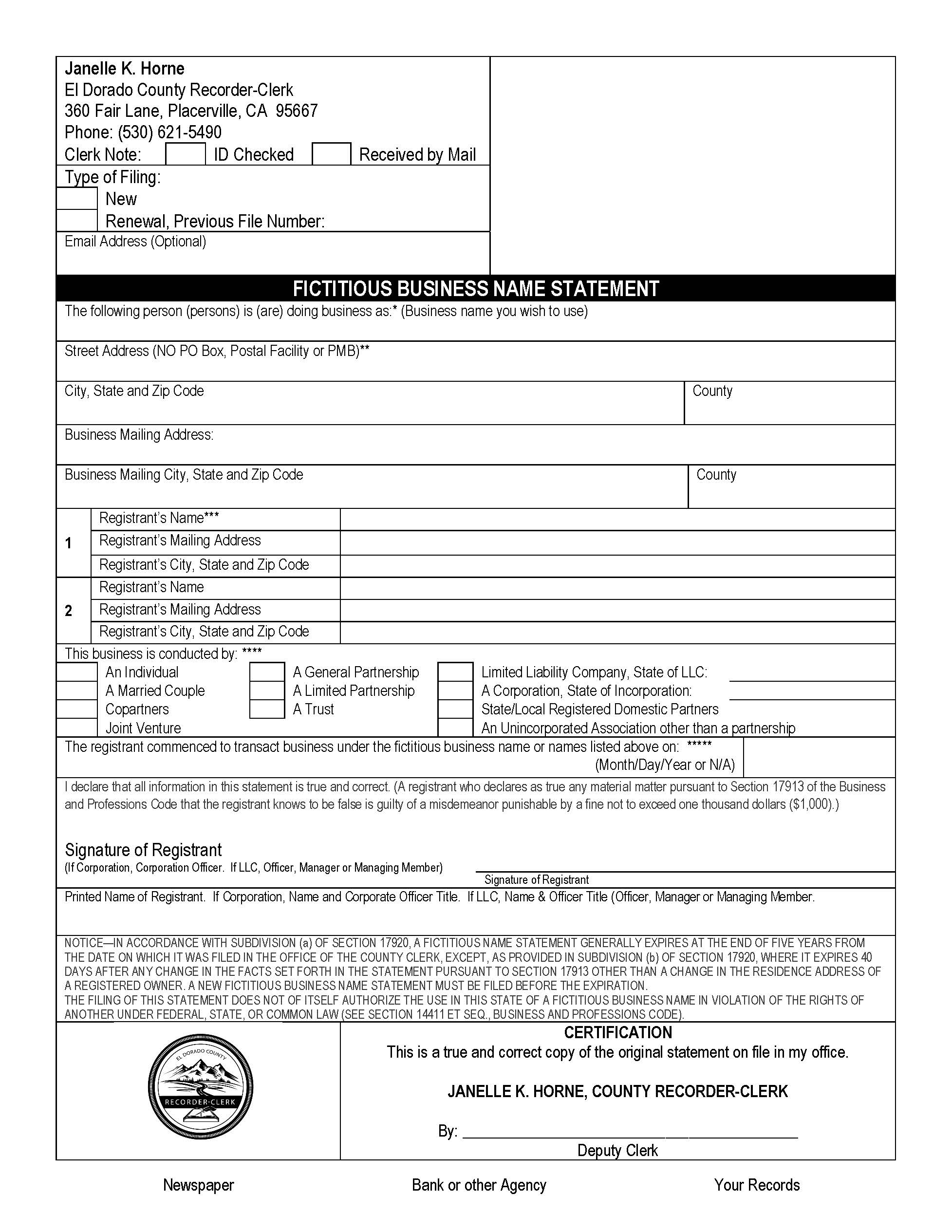 Fictitious Business Name Statement (El Dorado) | Pdf Fpdf Docx | California