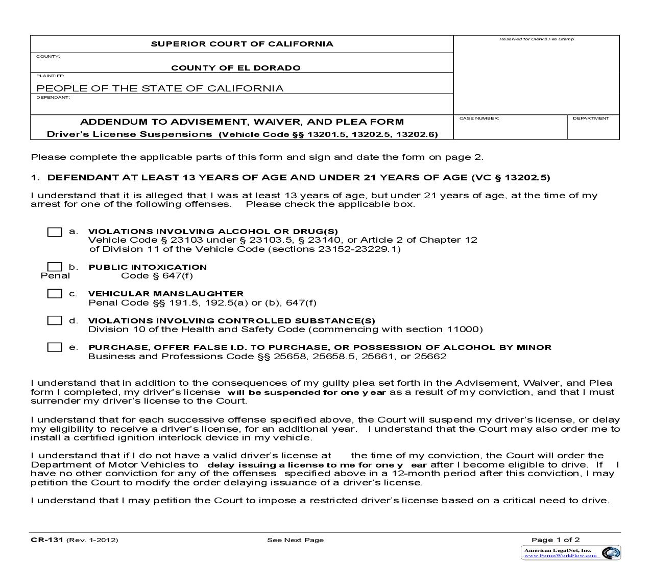 Addendum To Advisement Waiver And Plea Form Drivers License Suspensions {CR-131} | Pdf Fpdf Doc Docx | California