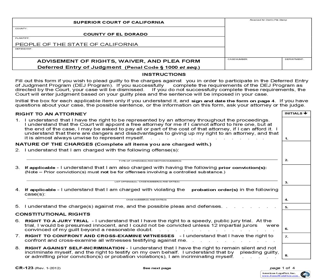 Advisement Of Rights Waiver And Plea Form Deferred Entry Of Judgment {CR-123} | Pdf Fpdf Doc Docx | California
