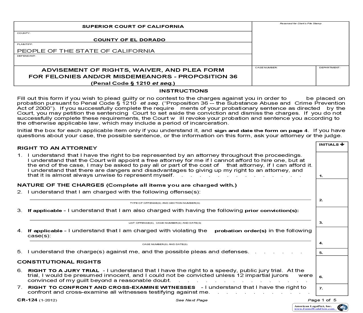 Advisement Of Rights Waiver And Plea Form For Felonies {CR-124} | Pdf Fpdf Doc Docx | California