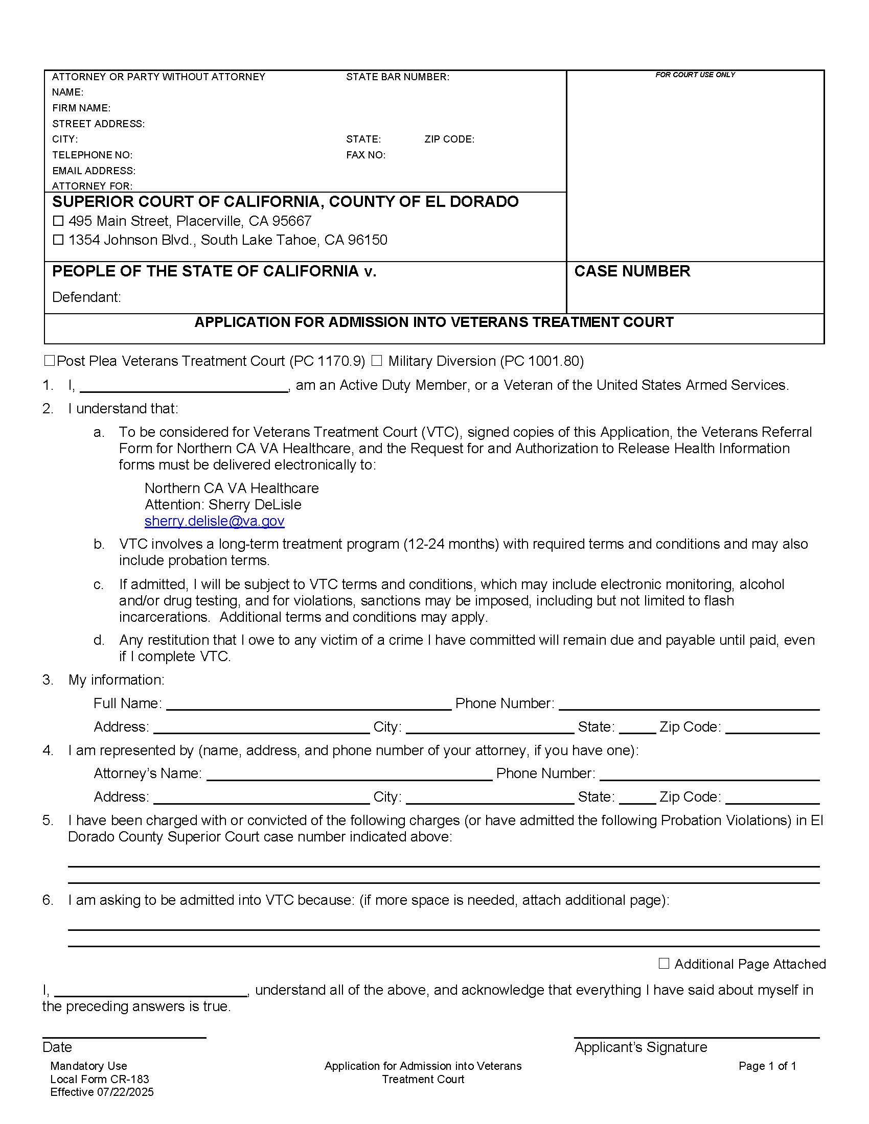 Application For Admission Into Veterans Treatment Court {CR-183} | Pdf Fpdf Docx | California