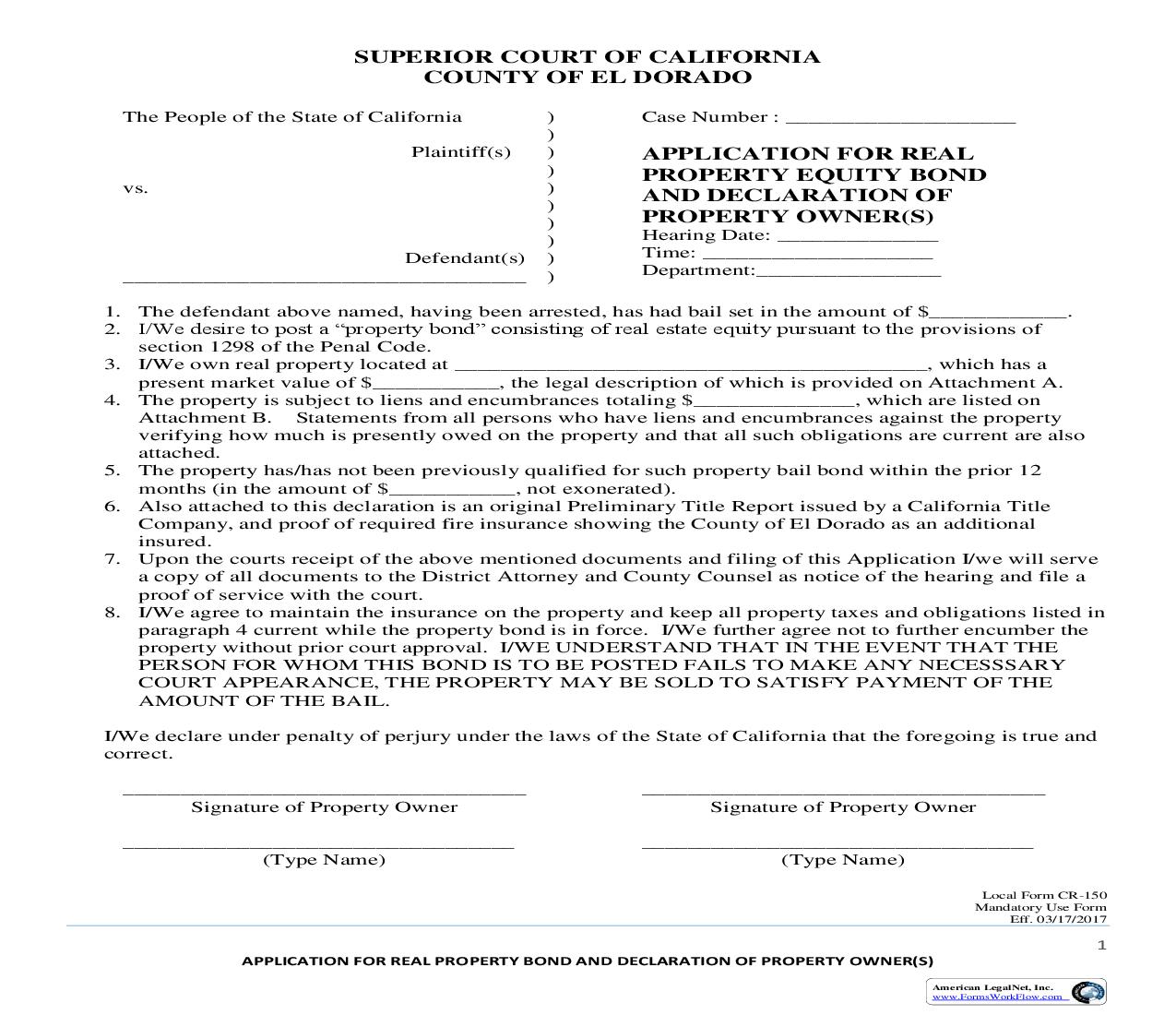 Application For Real Property Equity Bond And Declaration Of Property Owner(s) {CR-150} | Pdf Fpdf Doc Docx | California