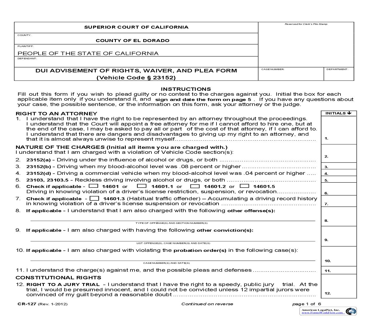 DUI Advisement Of Rights Waiver And Plea Form (Blank) {CR-127} | Pdf Fpdf Doc Docx | California