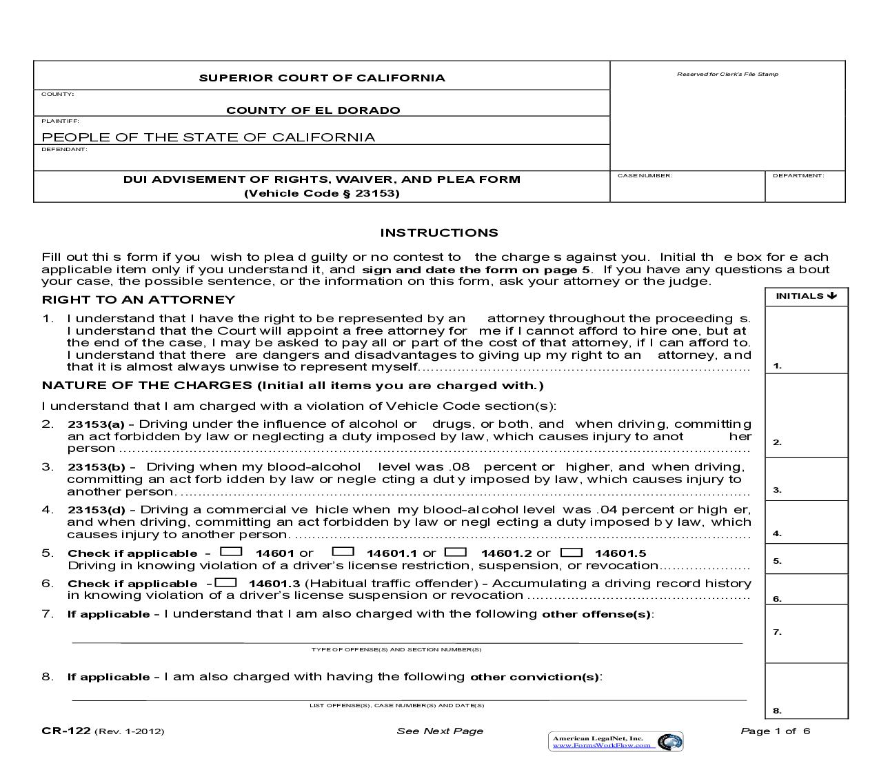 DUI Advisement Of Rights Waiver And Plea Form (With Injury) {CR-122} | Pdf Fpdf Doc Docx | California