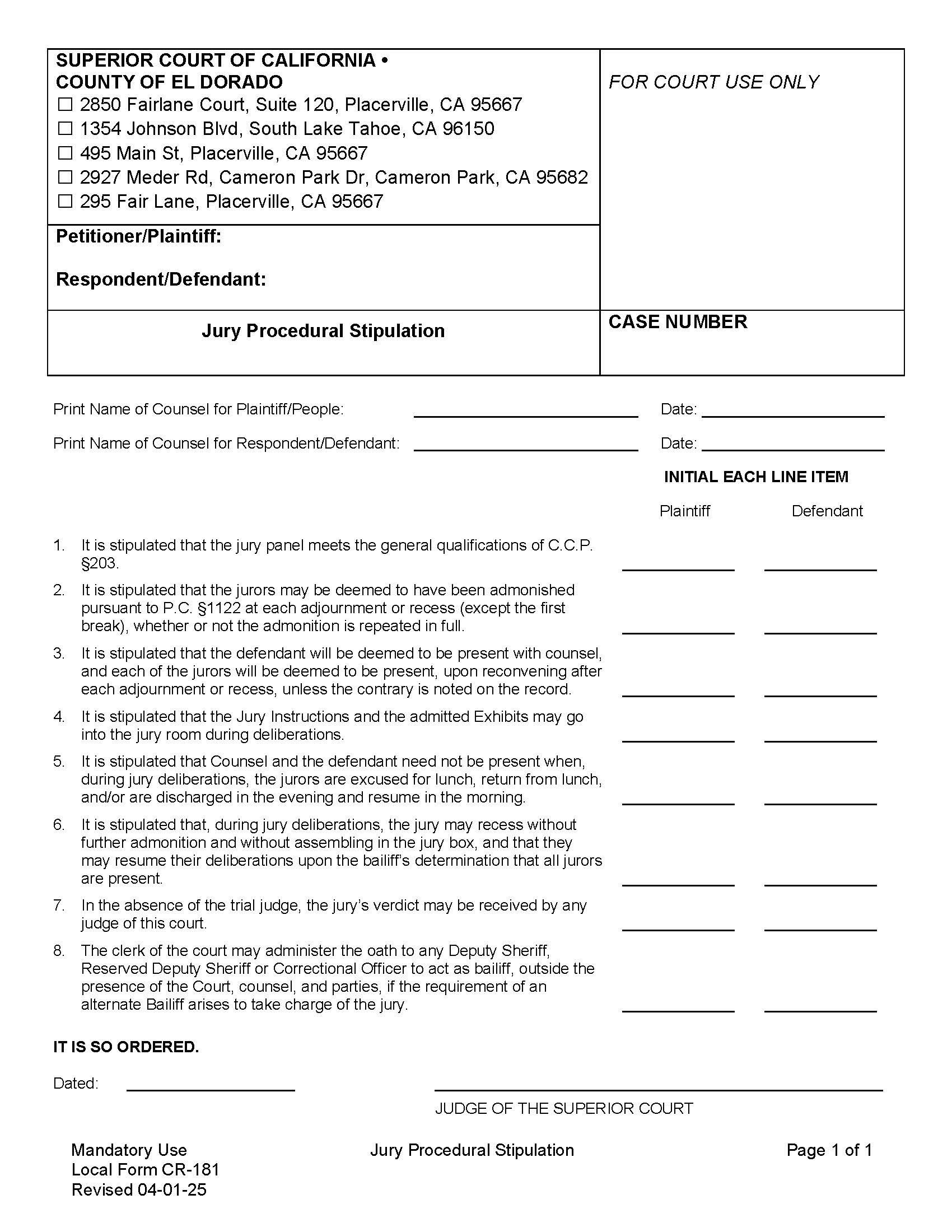 Jury Procedural Stipulation {CR-181} | Pdf Fpdf Docx | California