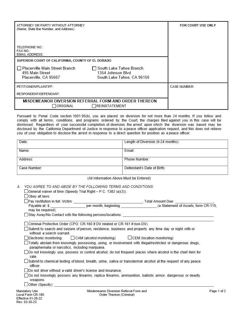 Misdemeanor Diversion Referral Form And Order Thereon {CR-180} | Pdf Fpdf Docx | California