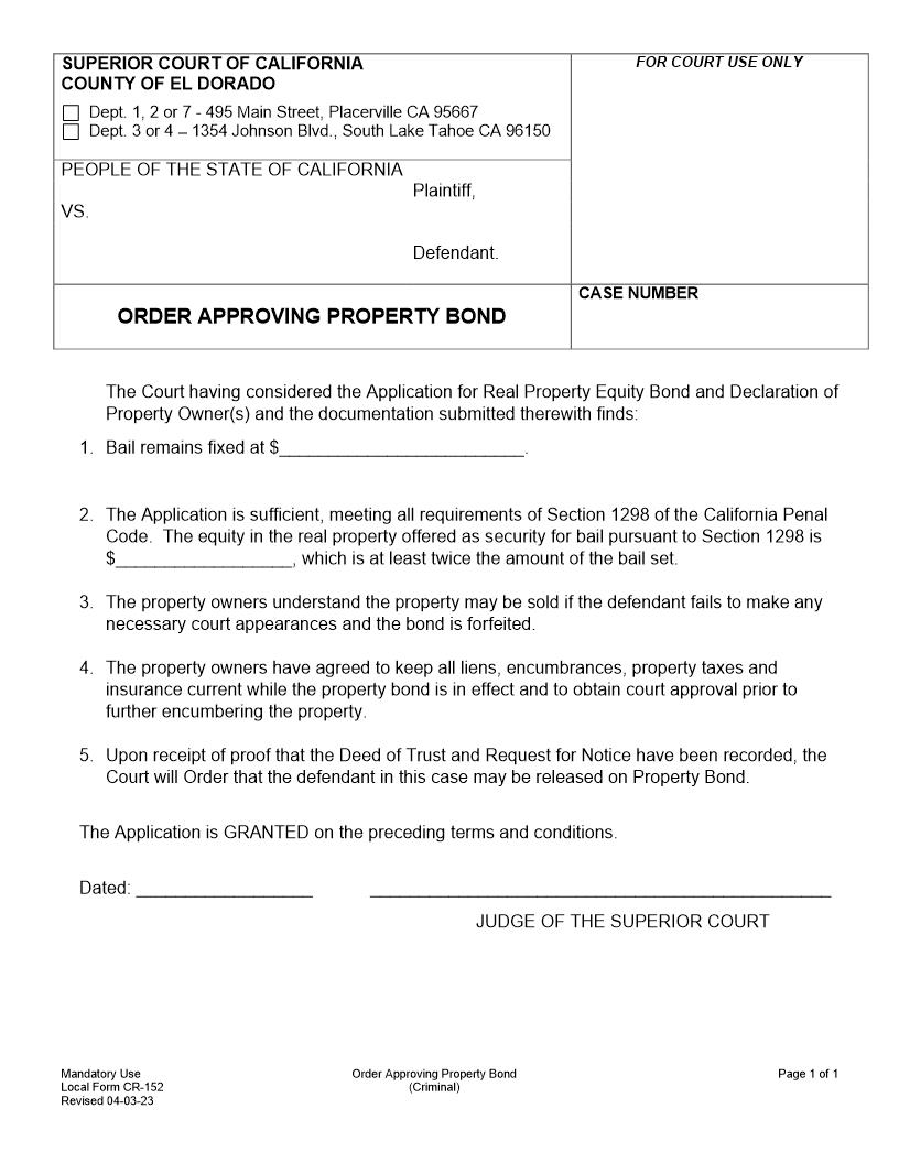 Order Approving Property Bond {CR-152} | Pdf Fpdf Doc Docx | California