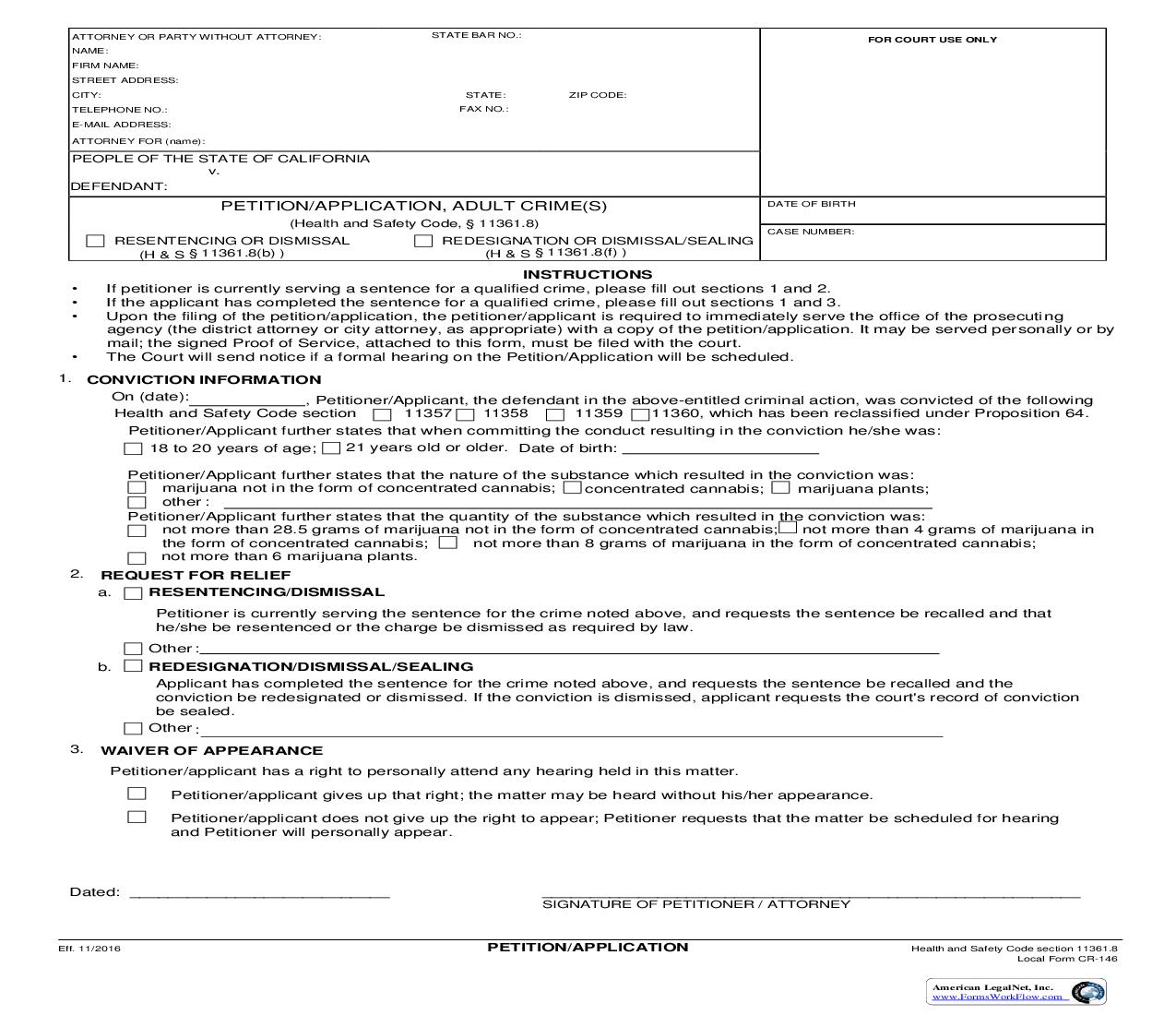 Petition-Application Adult Crime(s) {CR-146} | Pdf Fpdf Doc Docx | California