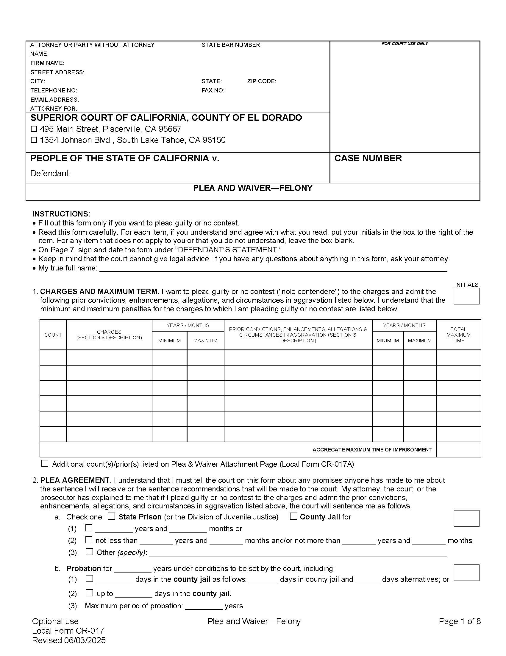 Plea And Waiver (Felony) {CR-017} | Pdf Fpdf Doc Docx | California