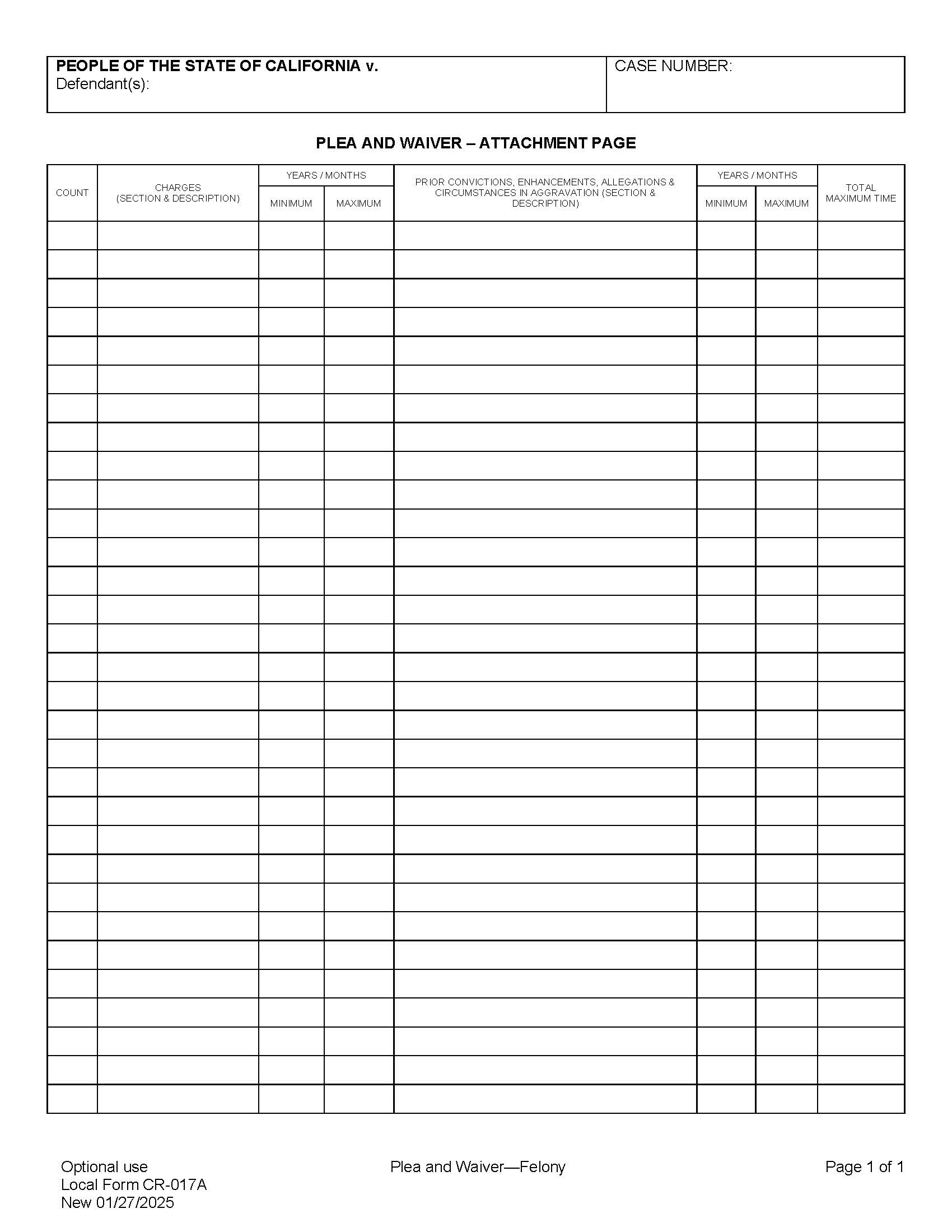 Plea And Waiver-Attachment {CR-017A} | Pdf Fpdf Docx | California