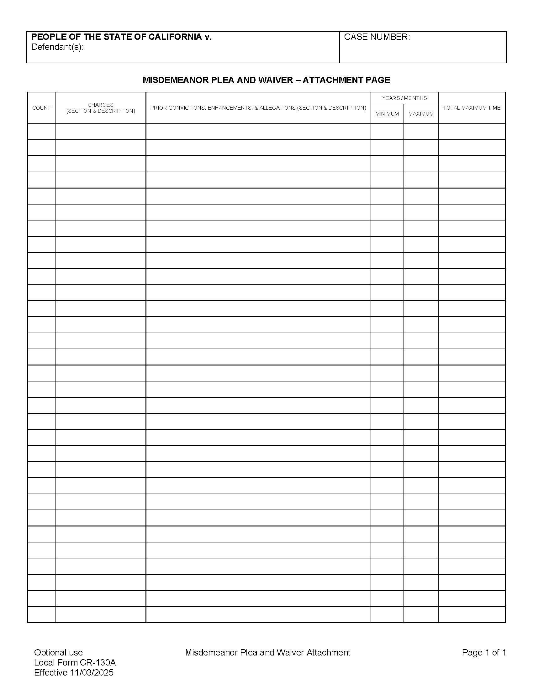 Plea And Waiver-Attavchment Misdemeanor {CR-130A} | Pdf Fpdf Docx | California