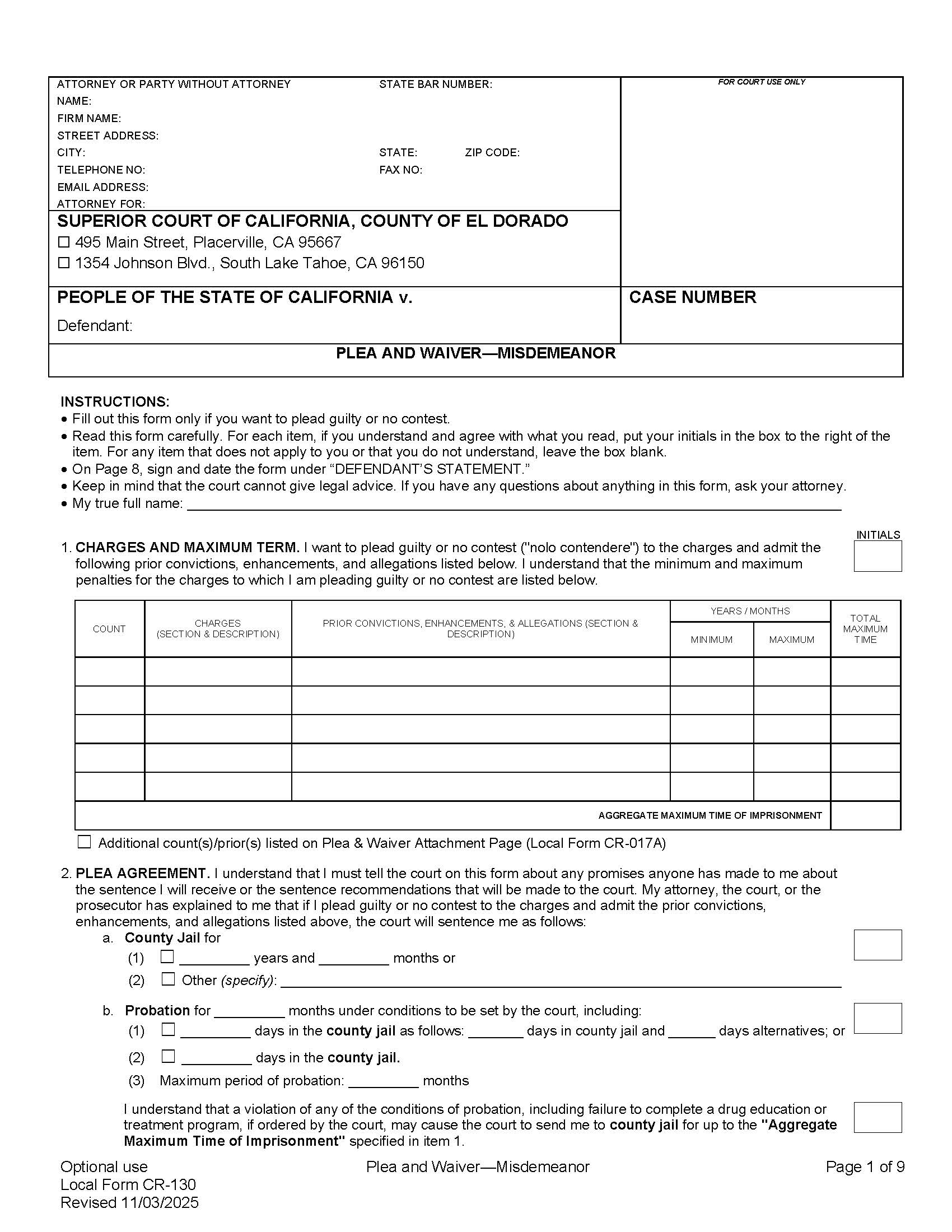 Plea And Waiver-Misdemeanor {CR-130} | Pdf Fpdf Doc Docx | California