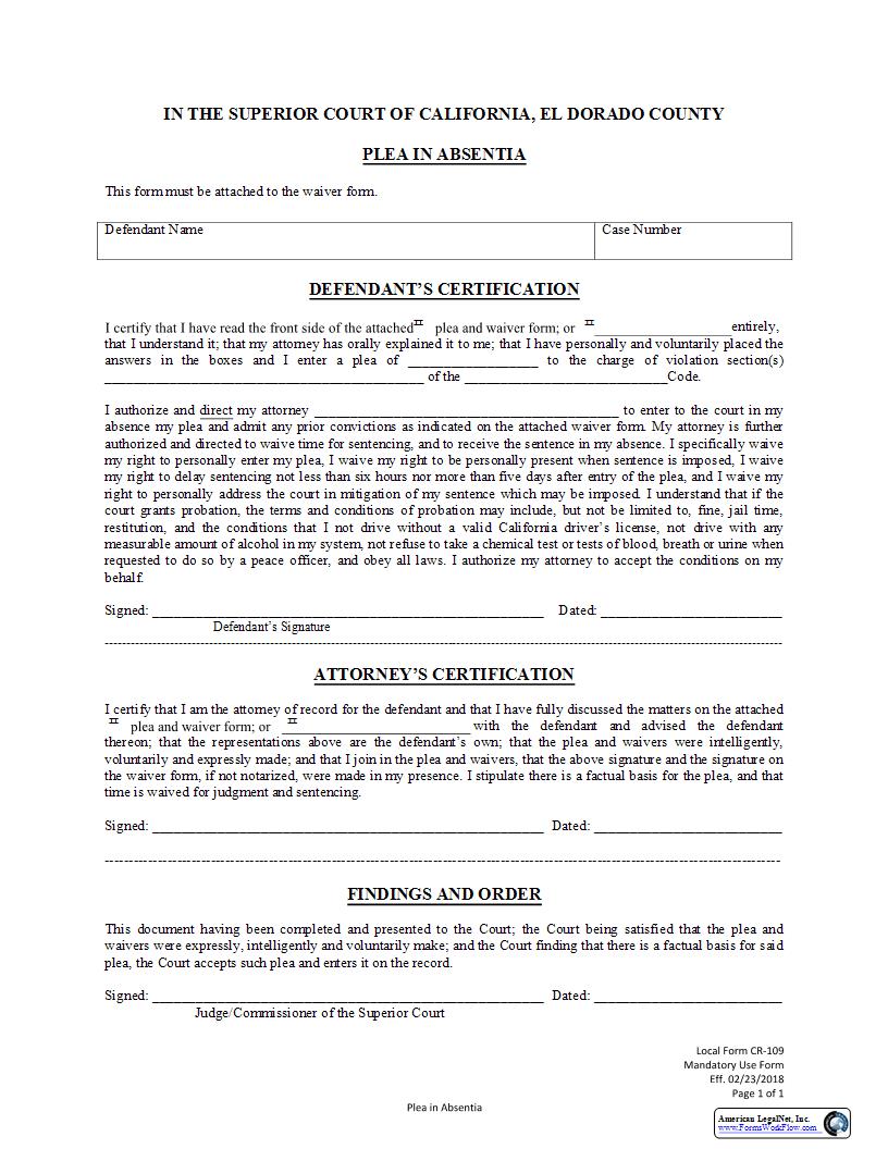 Plea In Absentia {CR-109} | Pdf Fpdf Docx | California