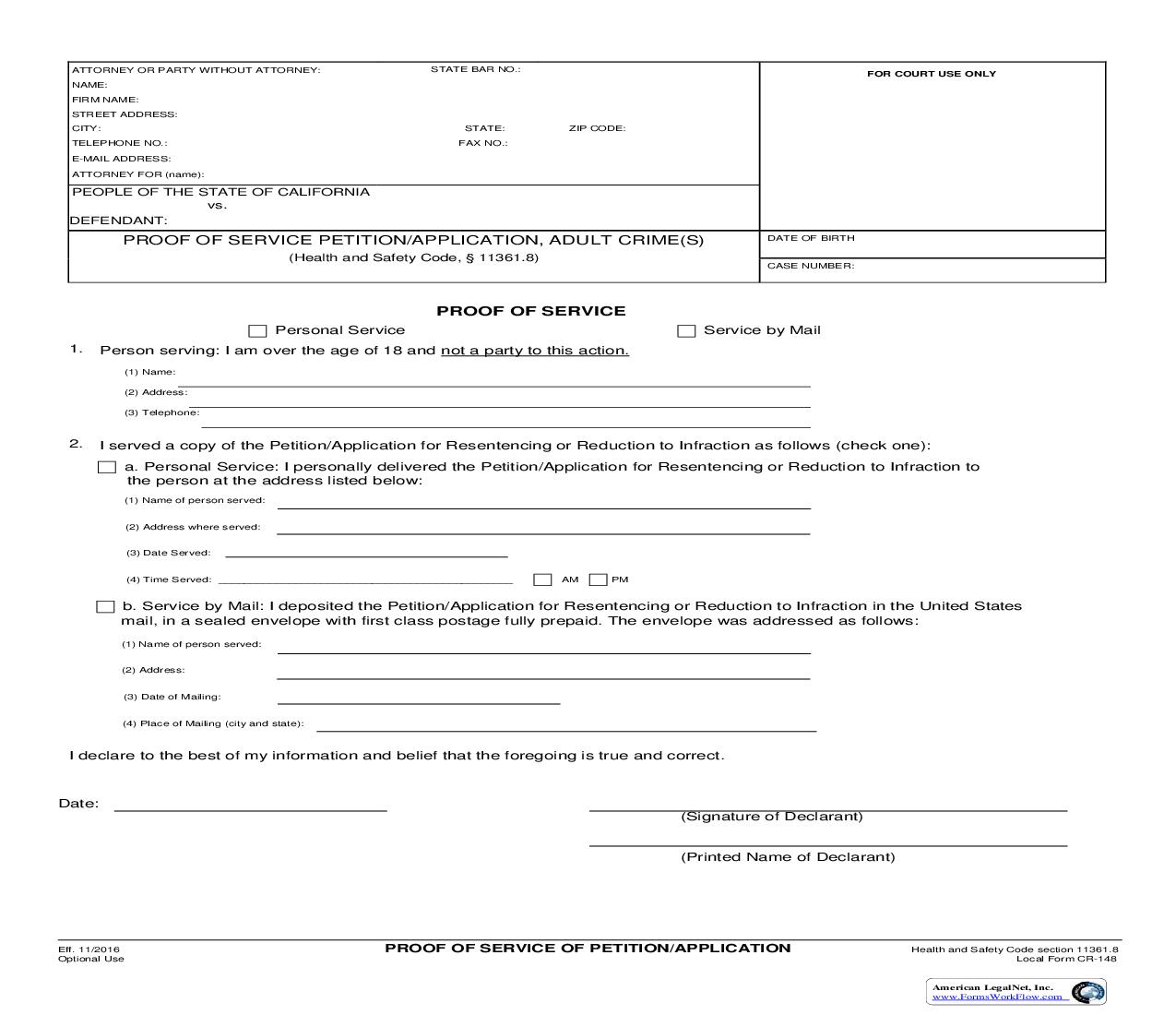 Proof Of Service Of Petition-Application Adult Crimes {CR-148} | Pdf Fpdf Doc Docx | California