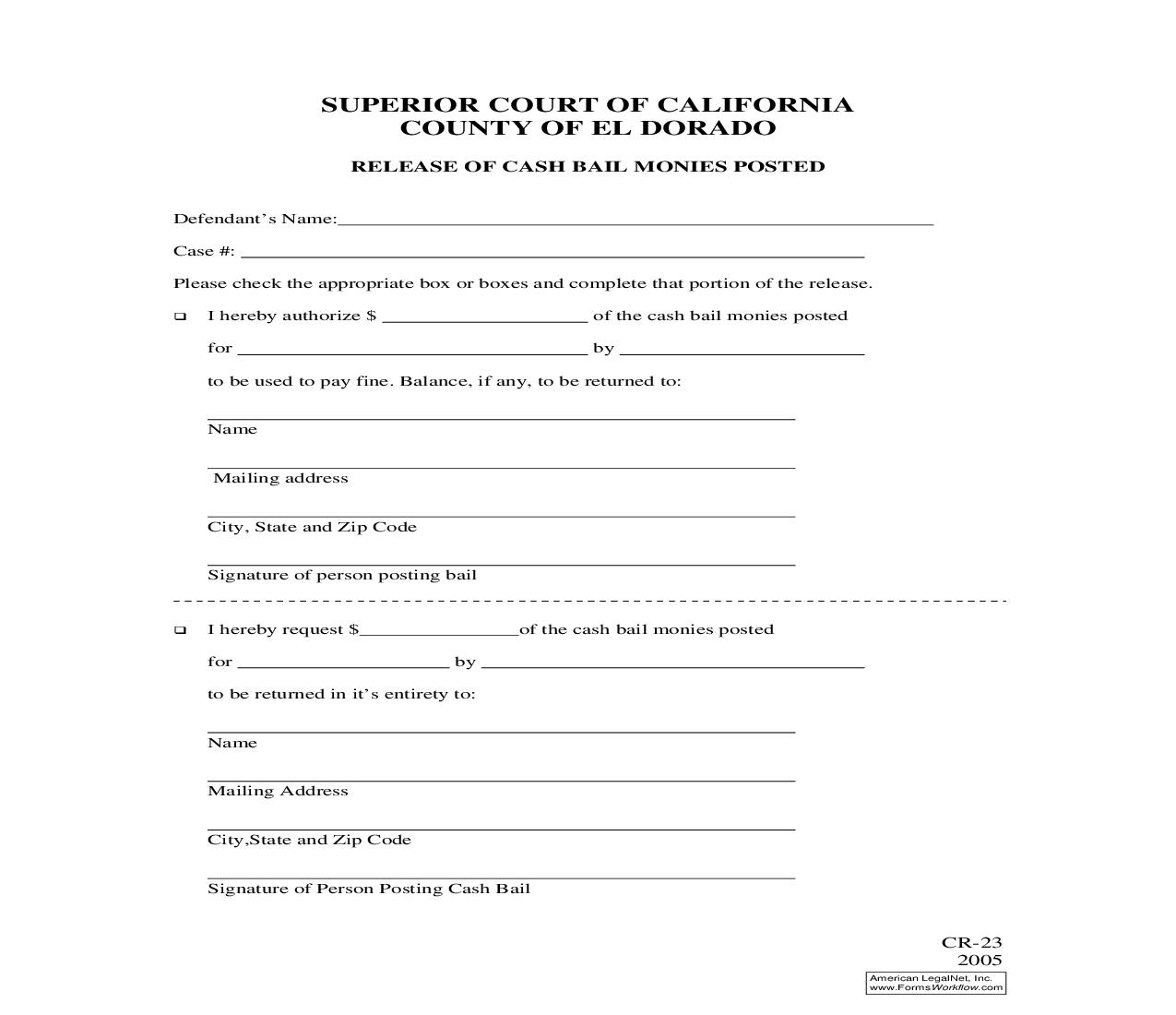 Release Of Cash Bail Monies Posted {CR-23} | Pdf Fpdf Doc Docx | California