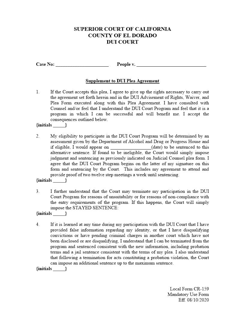 Supplemental DUI Plea Agreement {CR-159} | Pdf Fpdf Docx | California