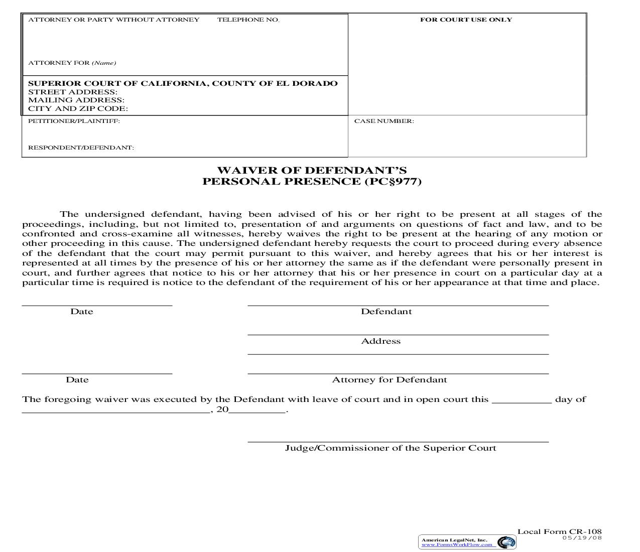 Waiver Of Defendants Personal Presence {CR-108} | Pdf Fpdf Doc Docx | California