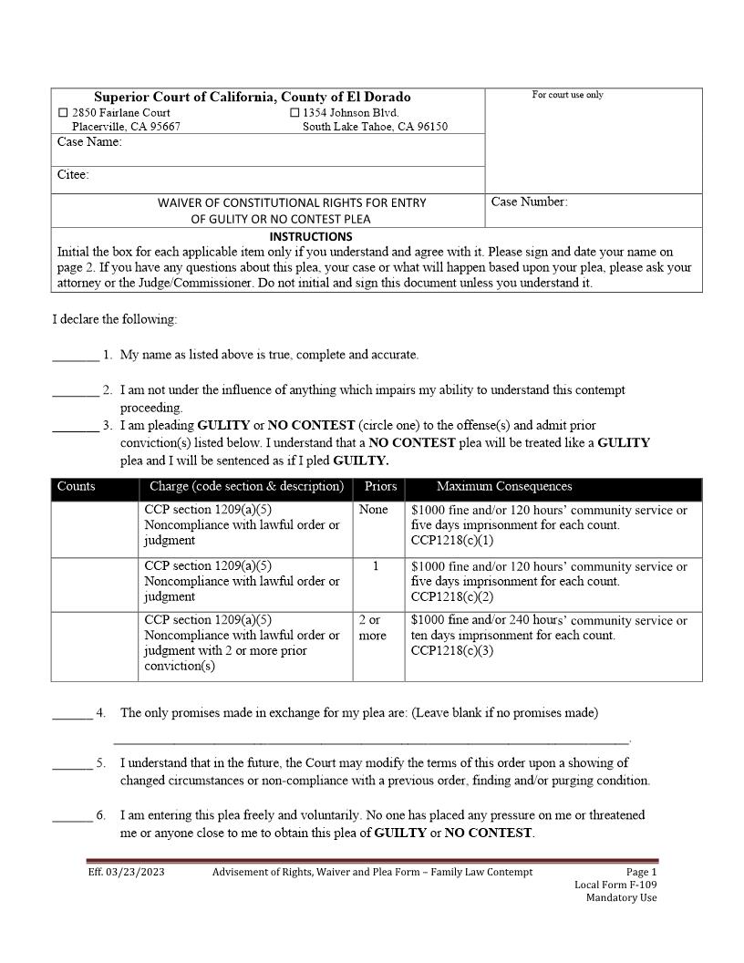 Advisement Of Rights Waiver And Plea Form-Family Law Contempt {F-109} | Pdf Fpdf Docx | California