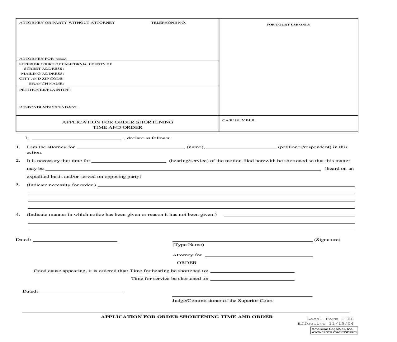 Application For Order Shortening Time And Order {F-86} | Pdf Fpdf Doc Docx | California