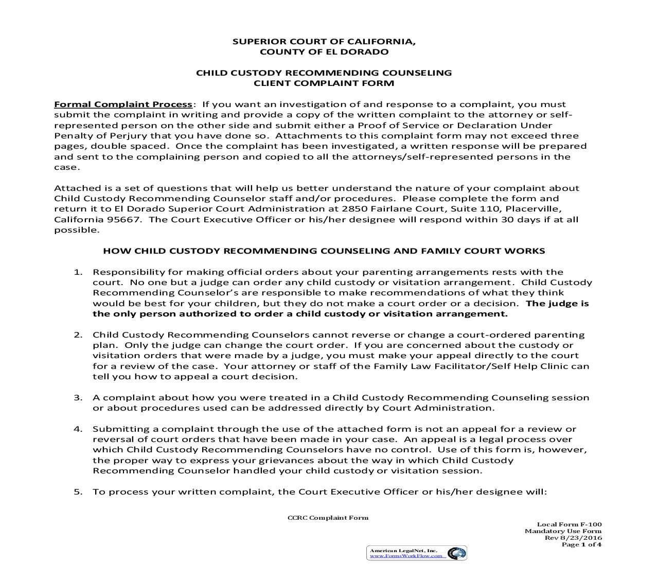 Child Custody Recommending Counseling Client Complaint Form {F-100} | Pdf Fpdf Doc Docx | California