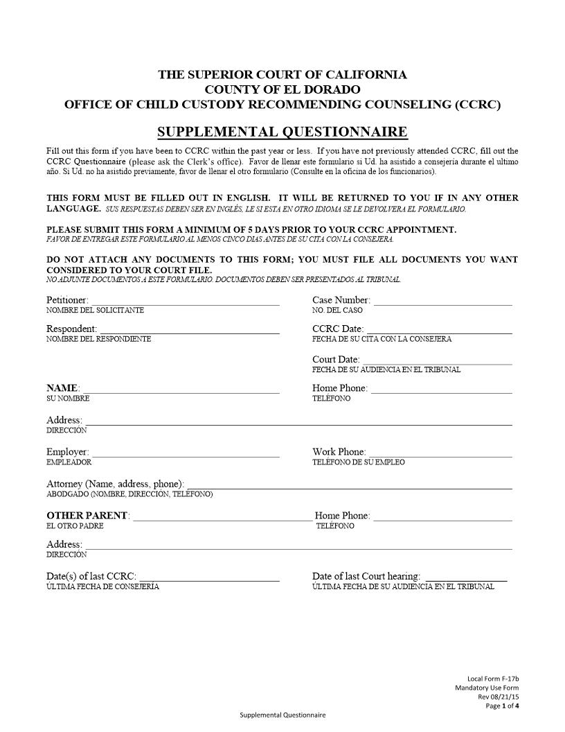 Child Custody Recommending Counseling Supplemental Questionnaire {F-17b} | Pdf Fpdf Docx | California